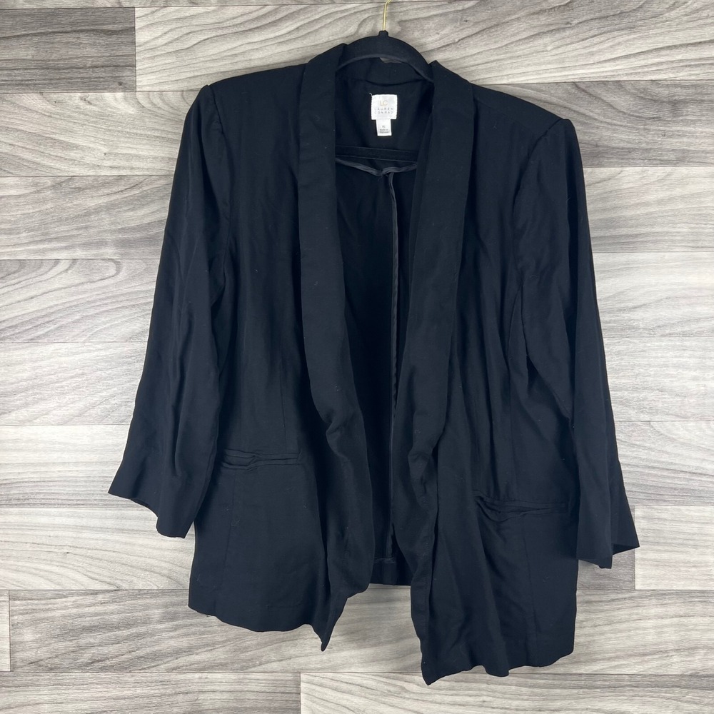 LC Lauren Conrad Jacket Womens 16 Black Rayon Open Front Shoulder Pads Pockets